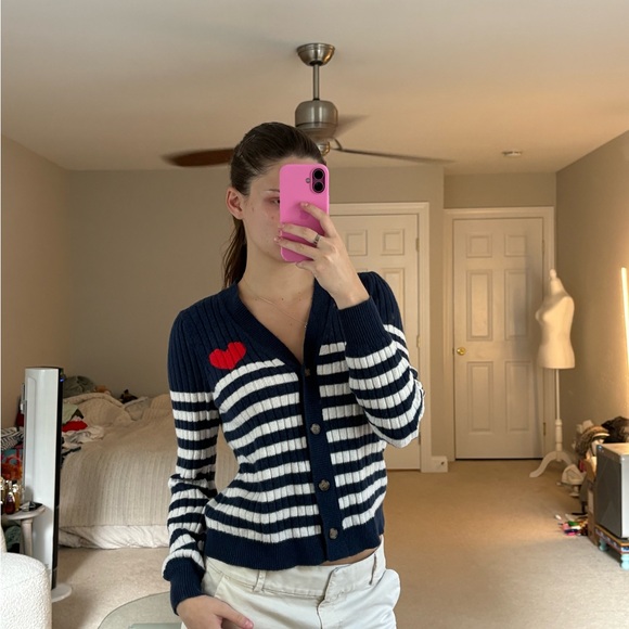 LOFT Sweaters - Loft Navy and White Striped Women's Sweater with Heart Detail